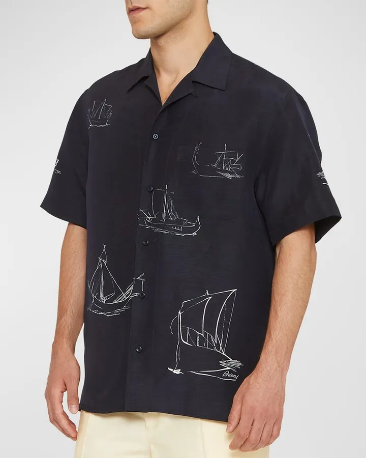 Men's Sail-Print Cotton Camp Shirt