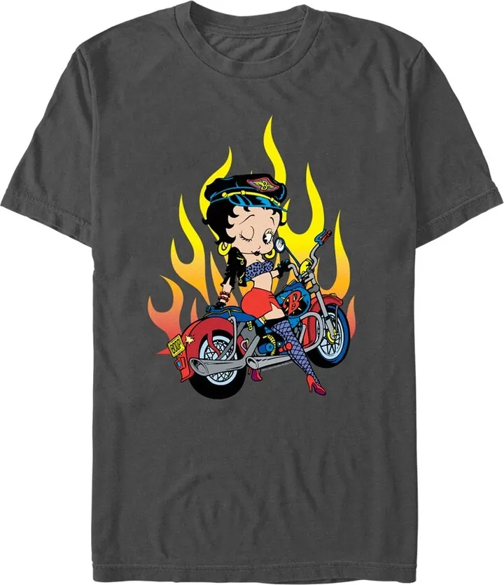Men's Betty Boop Biker Betty Flames T-Shirt - Charcoal - X Large