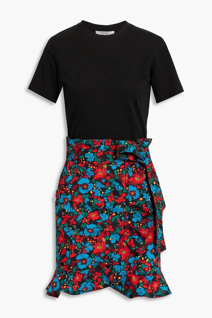 Wrap-effect floral-print woven and cotton-jersey mini dress
