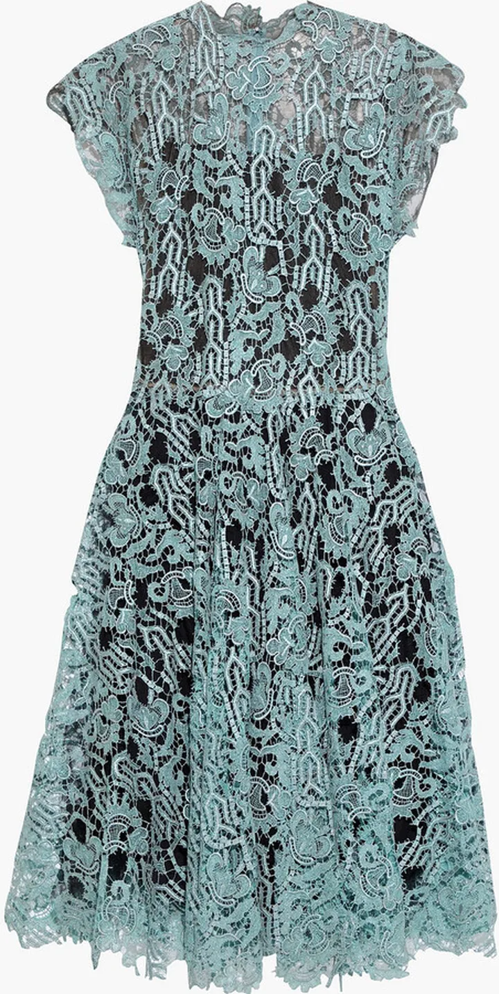Gathered metallic guipure lace midi dress