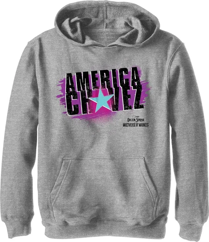 Boy's Marvel Doctor Strange in the Multiverse of Madness Spray Painted America Pull Over Hoodie - Athletic Heather - Medium