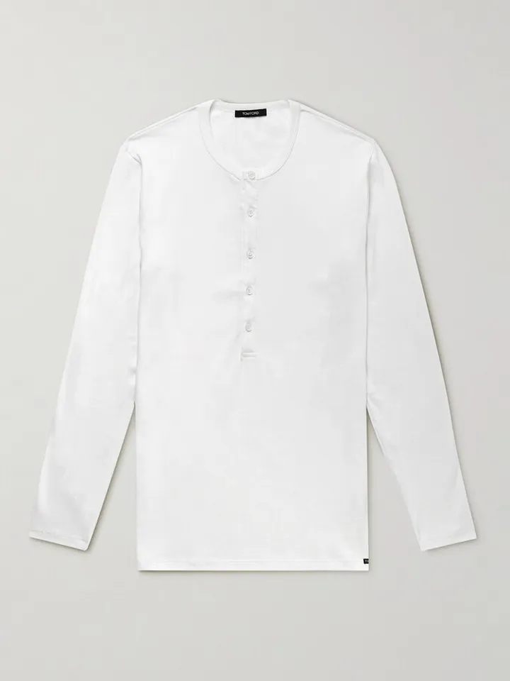 Stretch-Cotton Jersey Henley Pyjama T-Shirt