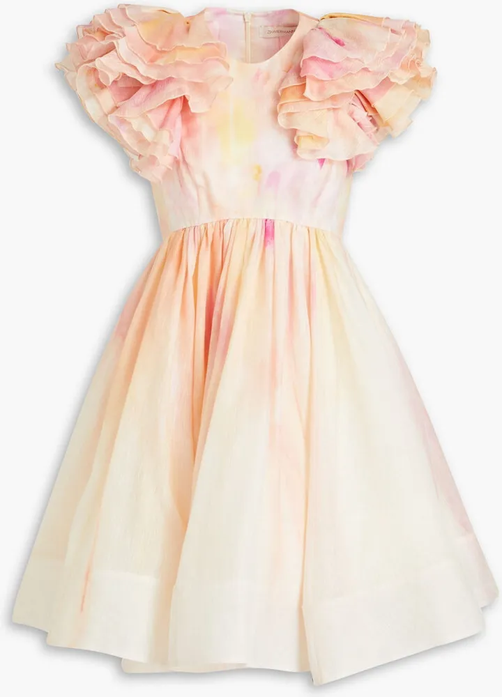 Ruffled tie-dyed linen and silk-blend mini dress