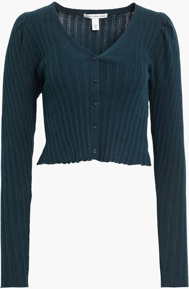 Gathered ribbed-knit cotton cardigan