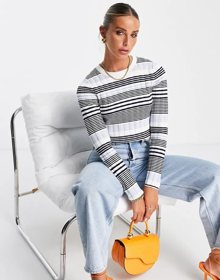 & Other Stories cropped long sleeve top in rib knit tonal stripe