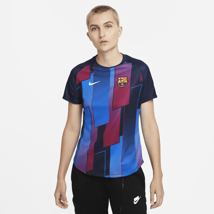 Women's Nike FC Barcelona Pre-Match Short-Sleeve Soccer Top in Blue