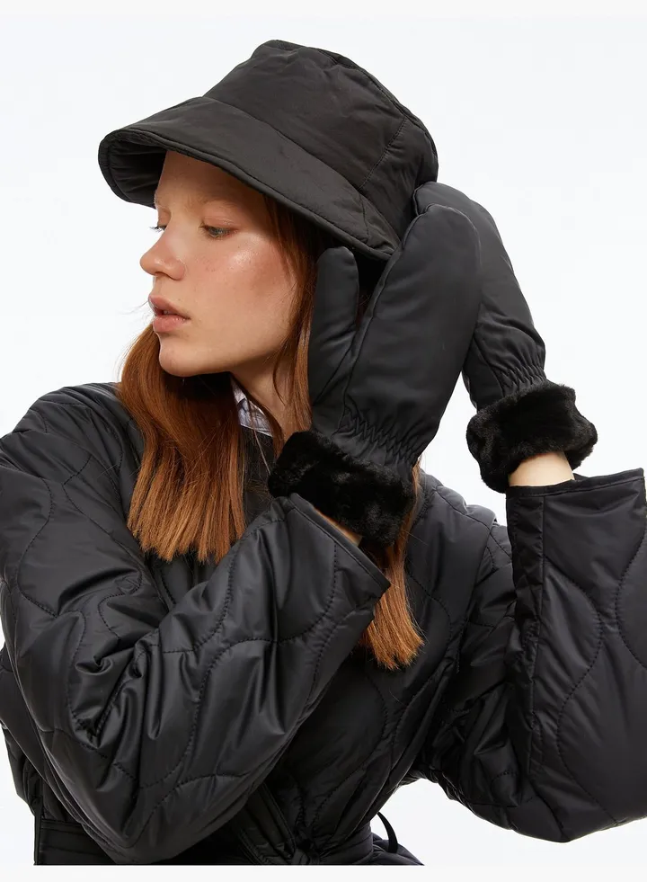 Puffer Gloves Faux Fur Detail Plush Lined