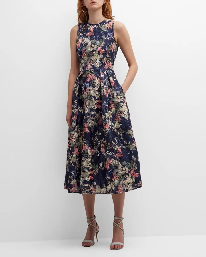 Sleeveless Pleated Organza Jacquard Midi Dress