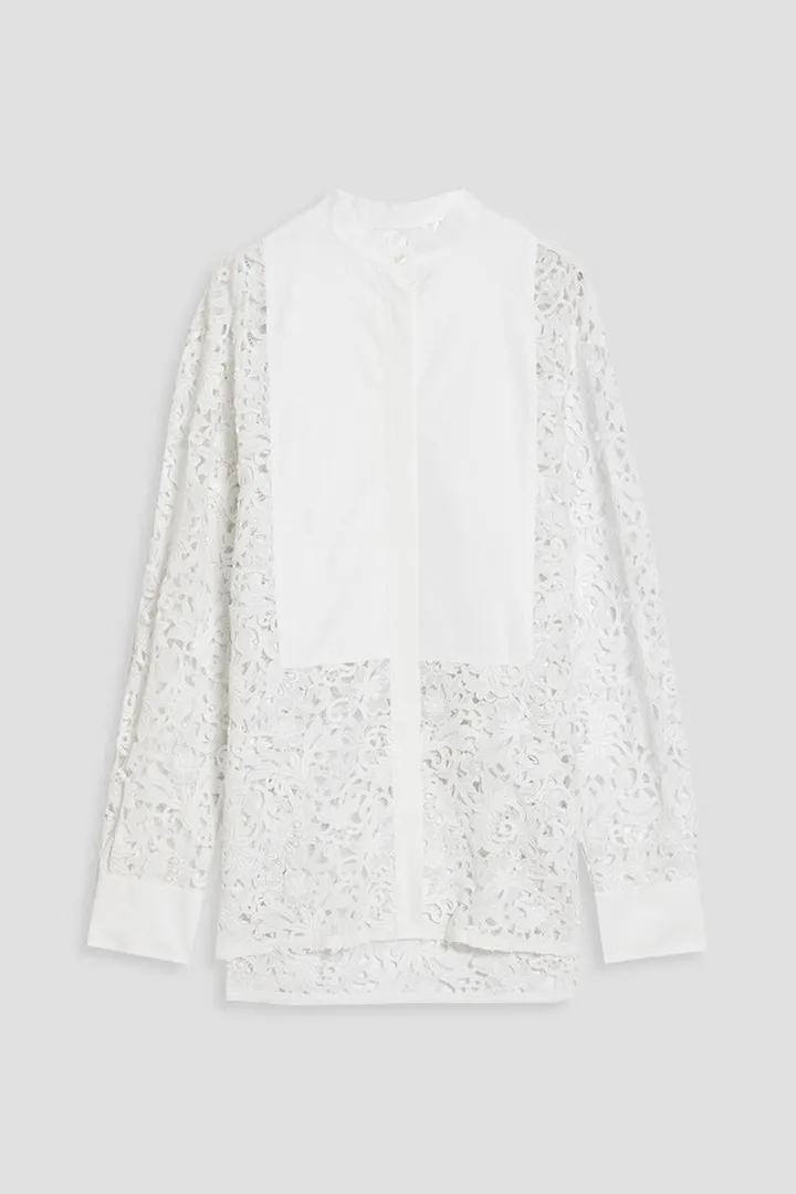 Poplin-paneled cotton-blend guipure lace shirt