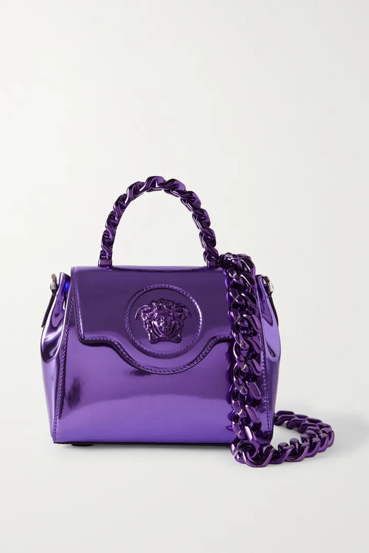 Versace - La Medusa Embellished Mirrored-leather Shoulder Bag - Purple