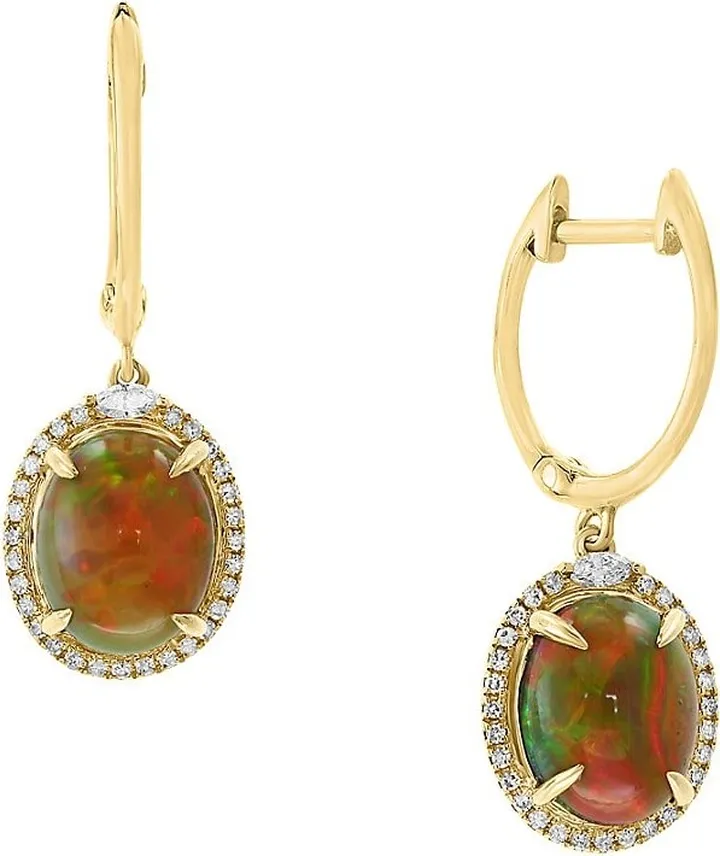 14K Yellow Gold & Opal & Diamond Hoop Earrings