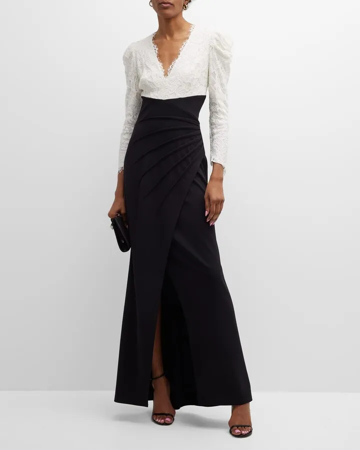 Scallop Lace V-Neck Long-Sleeve Crepe Gown