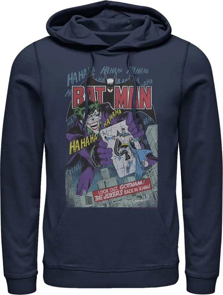 Men's Batman Joker Vintage Card Pull Over Hoodie - Navy Blue - 2X Large