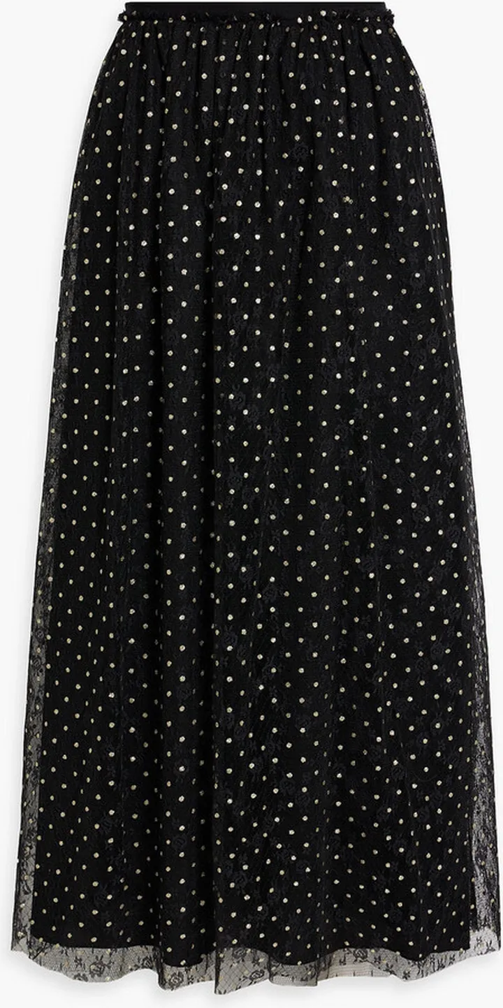 Gathered metallic fil coupé lace midi skirt