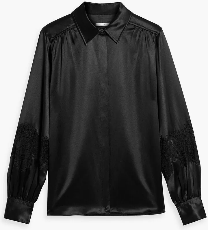 Corded lace-paneled silk-satin shirt