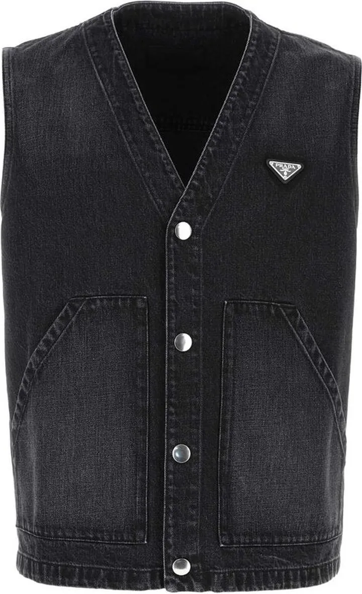 Prada Logo Plaque V-Neck Denim Vest