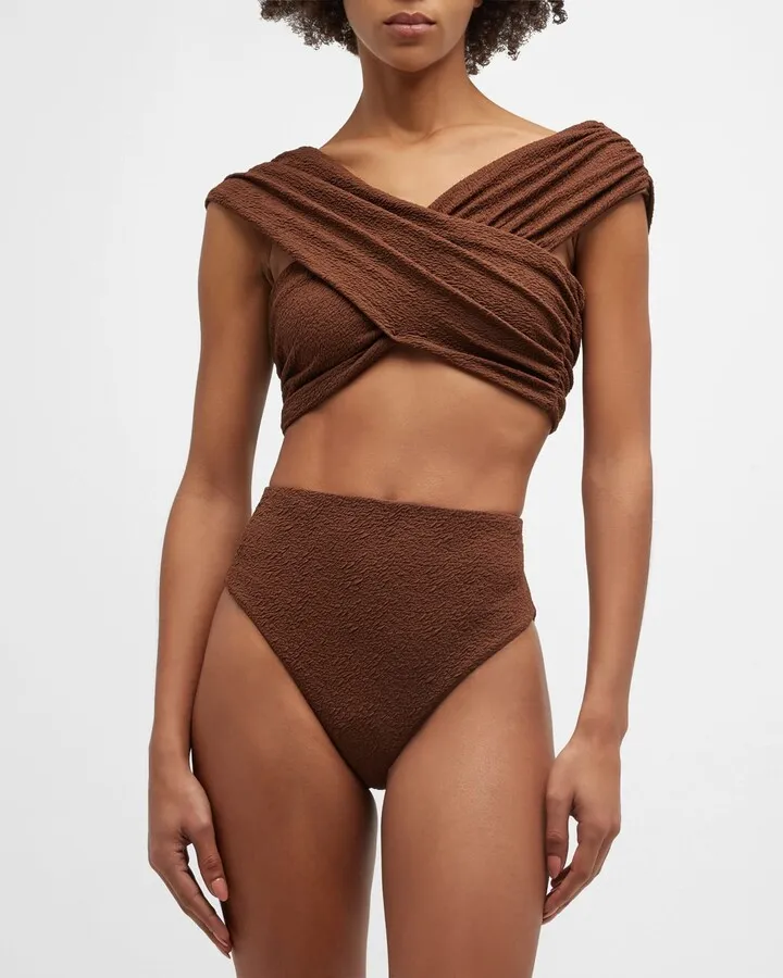 Lorina Crossover Crinkled Jacquard Bikini Top