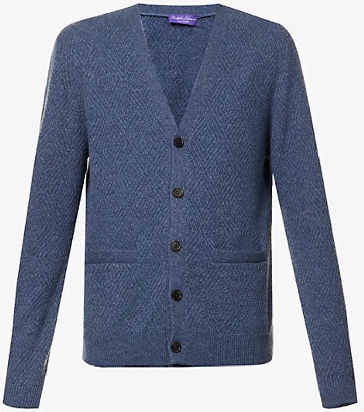 Ralph auren Purple abel Mens Supply Blue Melange V-neck Diamond-knit Regular-fit Cashmere Cardigan