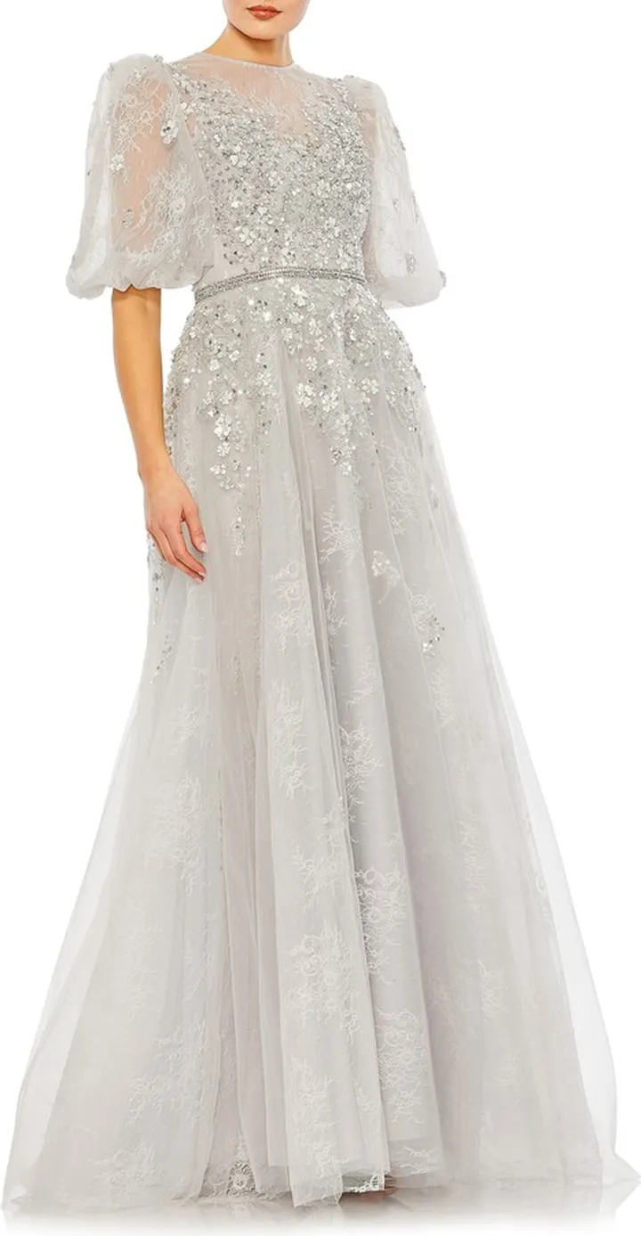 Embellished Puff Sleeve A-Line Gown