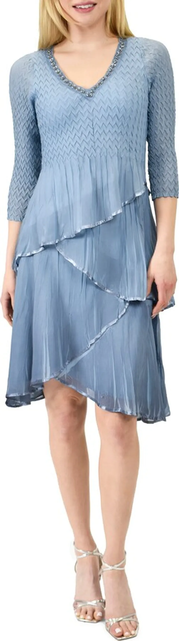 Beaded Tiered Charmeuse & Chiffon Cocktail Dress