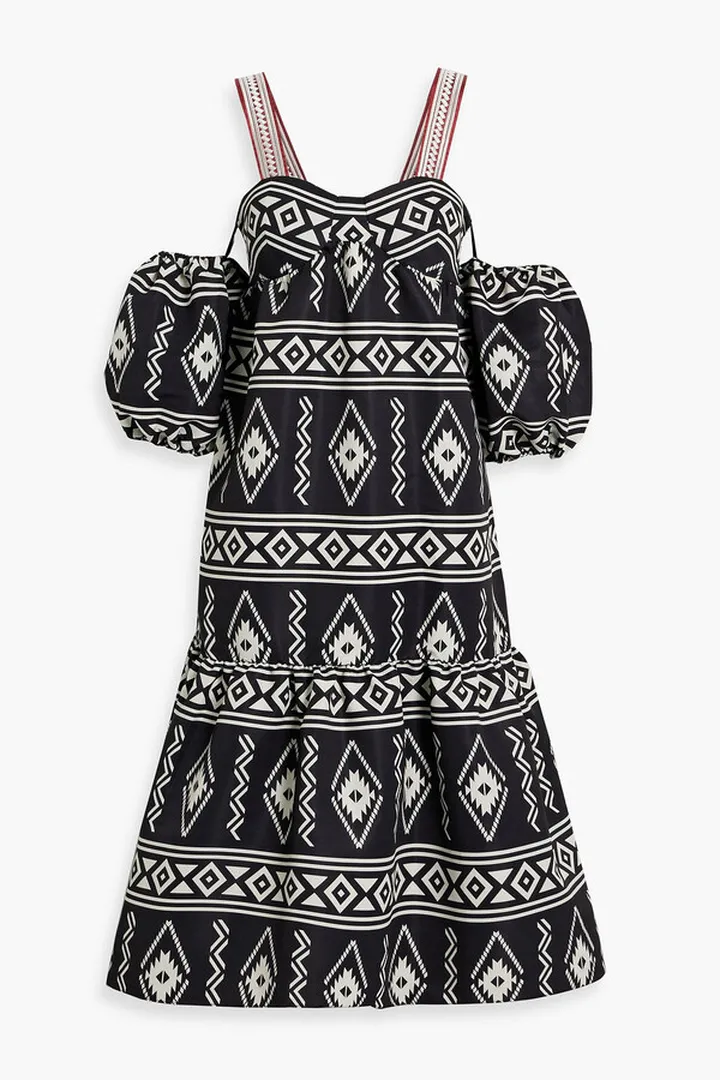 Luna cold-shoulder tiered printed faille midi dress