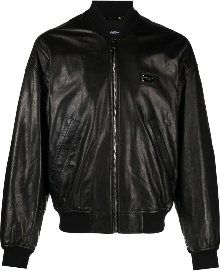 Logo-Patch Leather Bomber Jacket