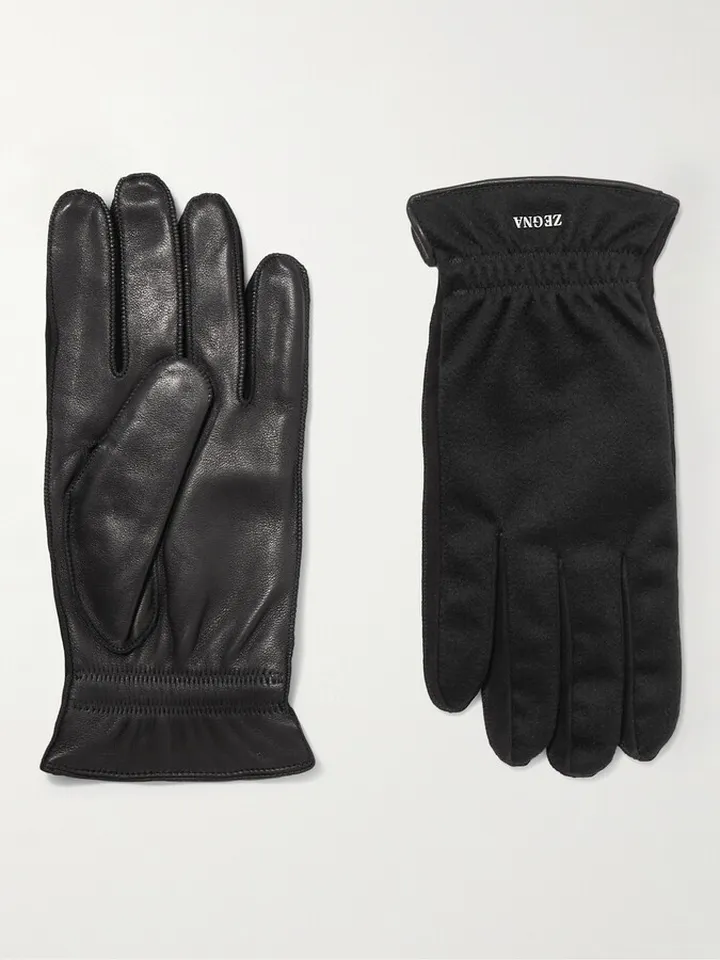 Logo-Flocked Cashmere and Leather Gloves