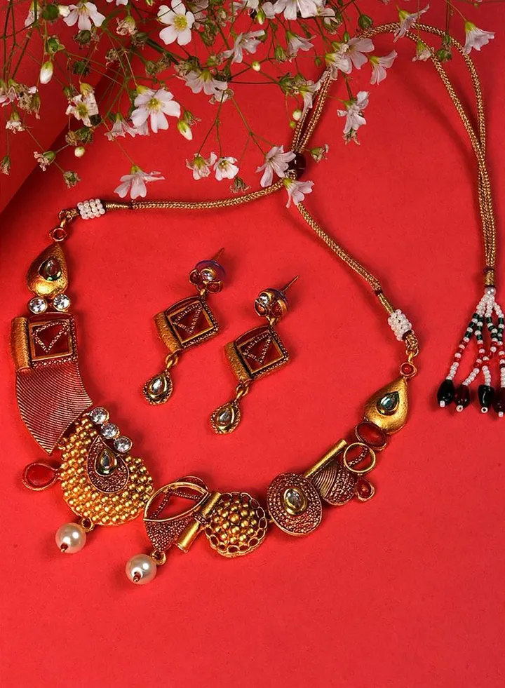 Gold Plated Designer Stone Pearl Necklace and Earrings Set