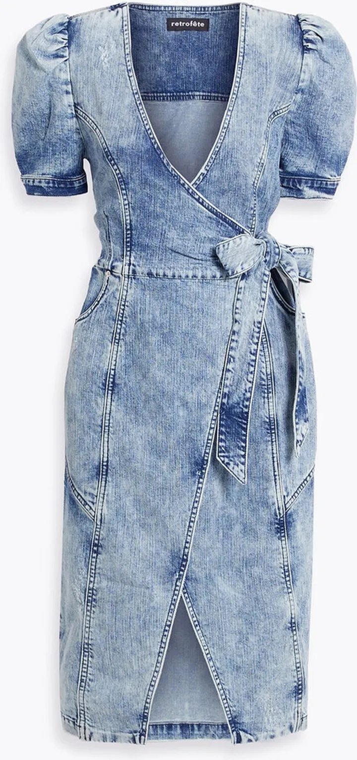 Zelda acid-wash denim midi wrap dress