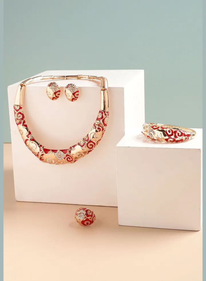 Gold Plated Designer Stone Party Necklace, Earring, Ring and Bracelet Set For Women