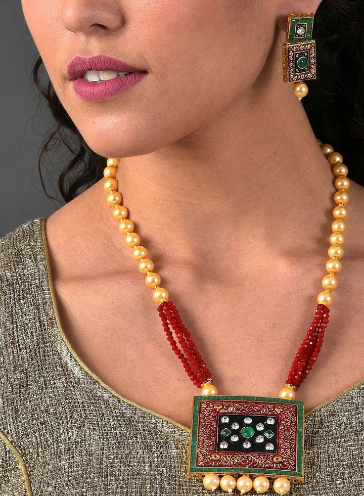 Gold Plated Designer Stone Pearl Necklace and Earrings Set