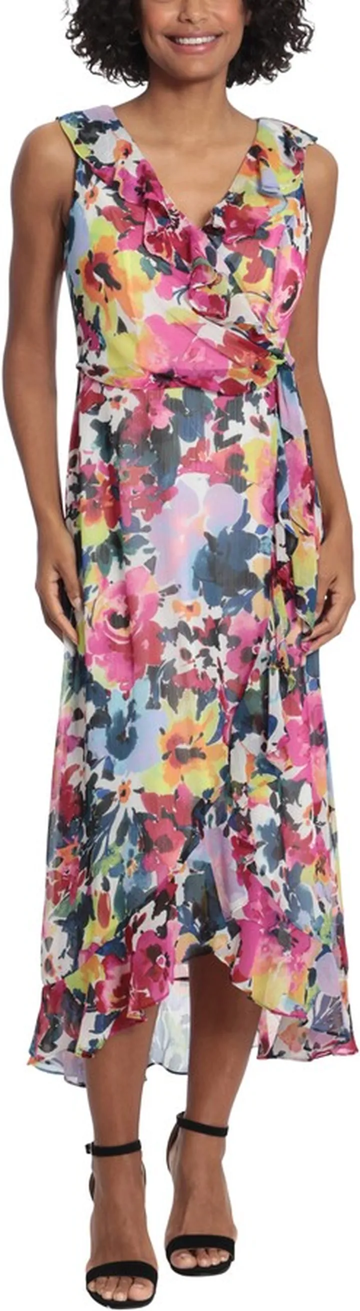 Sleeveless Ruffle Faux Wrap Midi Dress