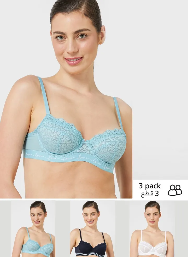 3 Pack Lace & Mesh Wired Balcony Bra