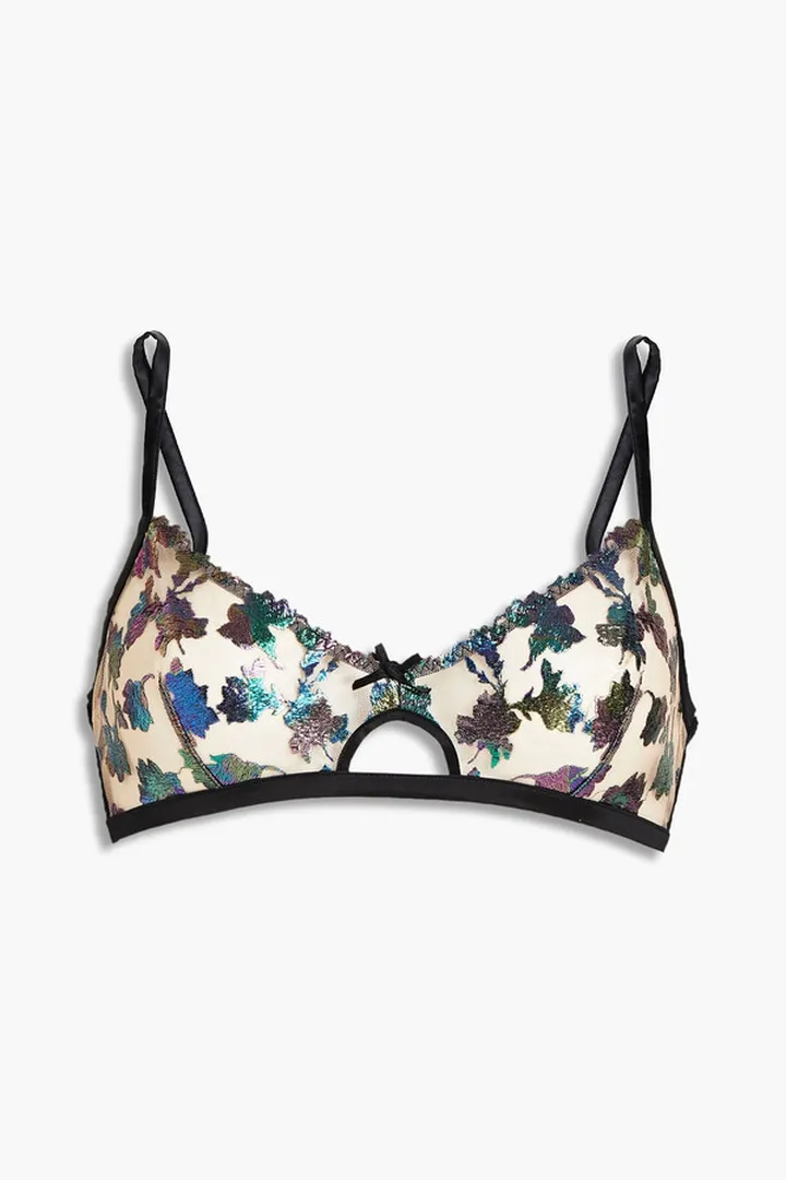 Embroidered silk-blend satin and tulle triangle bra