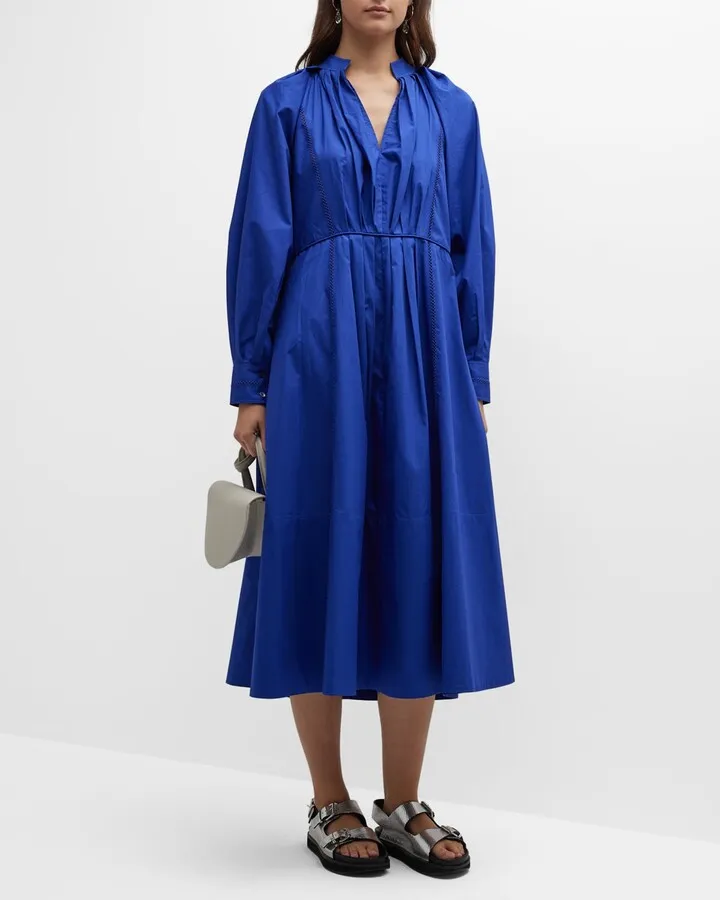 Ladder-Trim Pleated Midi Shirtdress