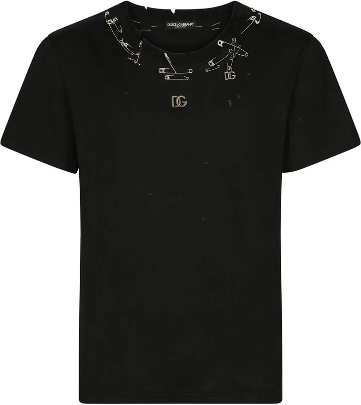 safety-pin embellished cotton T-shirt