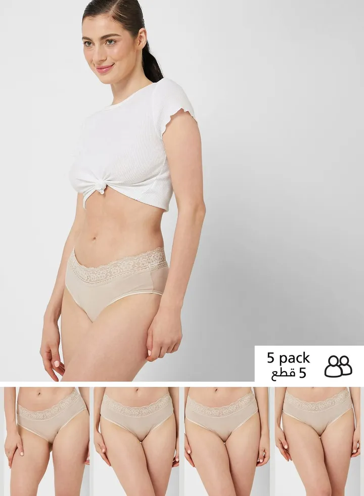 5 Pack Cotton Lycra & Lace Midi Knickers
