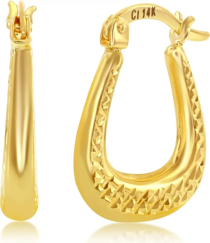 14K Yellow Gold Diamond Cut Oval Hoop Earrings