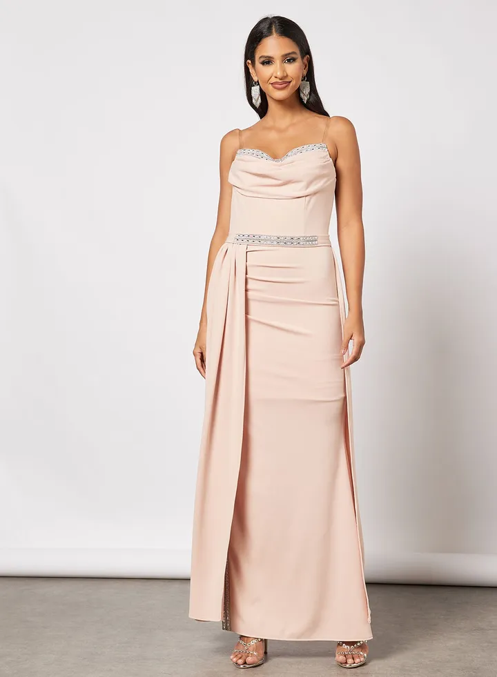 Strapless Cowl Neck Overlay Dress