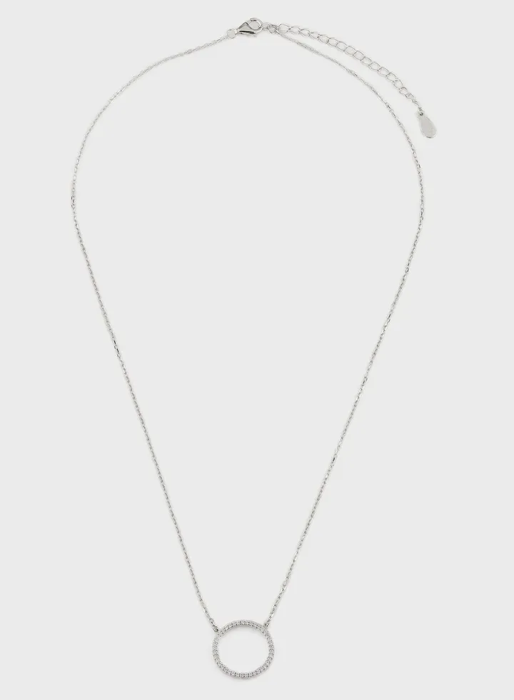 Pave Zircon Circle Pendant Choker Chain Necklace