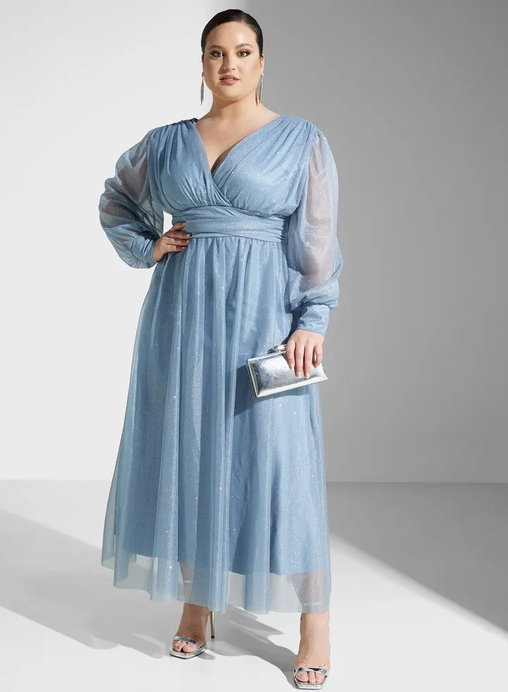 Mesh Sleeve Shimmer Detail Fit & Flare Dress