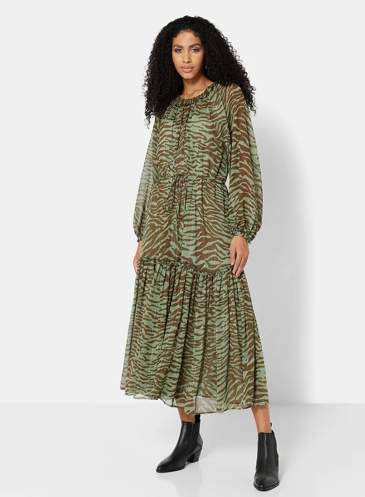 Flowy Animal Printed Puff Sleeve Midi Dress Khaki