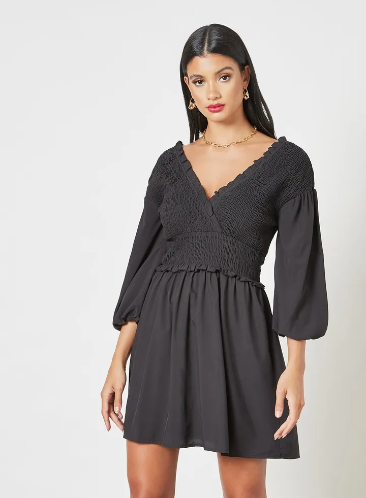 Smocked Mini Dress Black