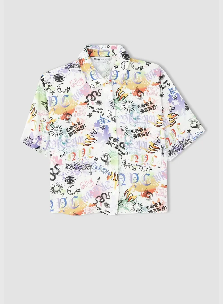 Woman Relax Fit Shirt Neck Woven Top Short Sleeve Shirt