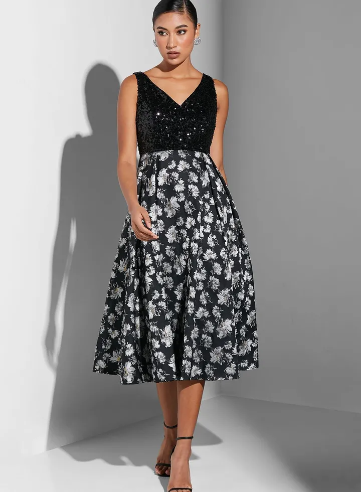 Printed Sequin Detail Dress