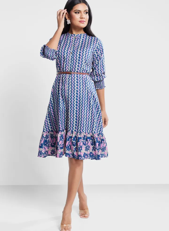 Puff Sleeve Belted Ruffle Dress