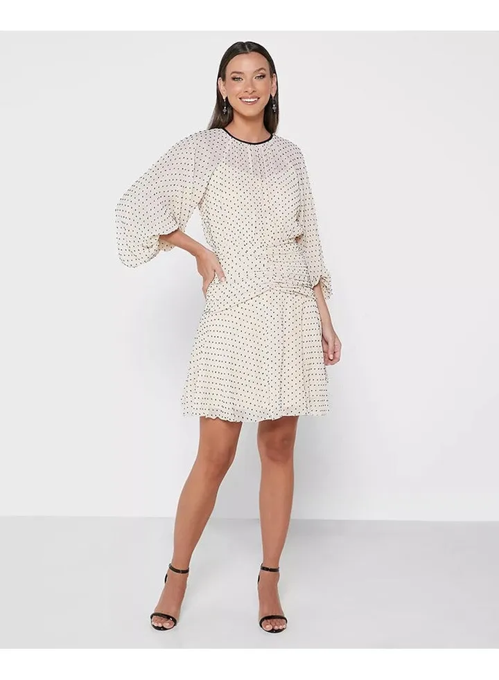 Little Mistress Cream Polka Dot Ruched Mini Dress
