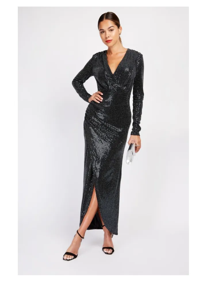 Little Mistress Black Foil Sequin Maxi Dress
