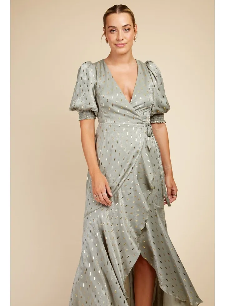 Little Mistress Sage Foil Wrap Maxi Dress