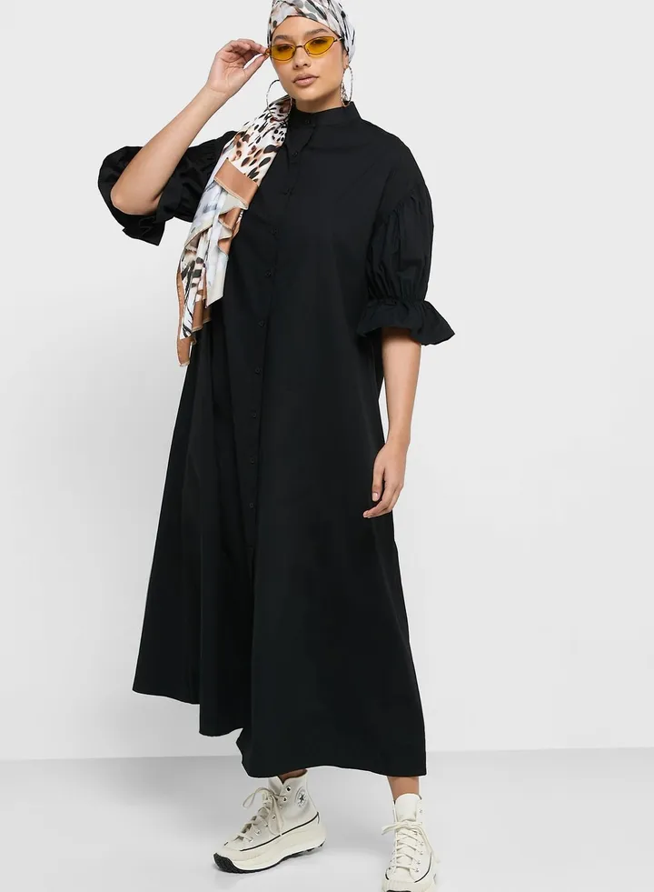 Puff Sleeve Longline Shirt Dress